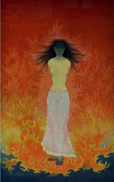 Fantasy tempera painting titled 'Agni Pariksha', 34x26 inches, by artist Ram Prasad Halder on Canvas