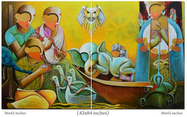 contemporary acrylic painting titled 'Agomoni', 42x72 inches, by artist Anupam Pal on canvas