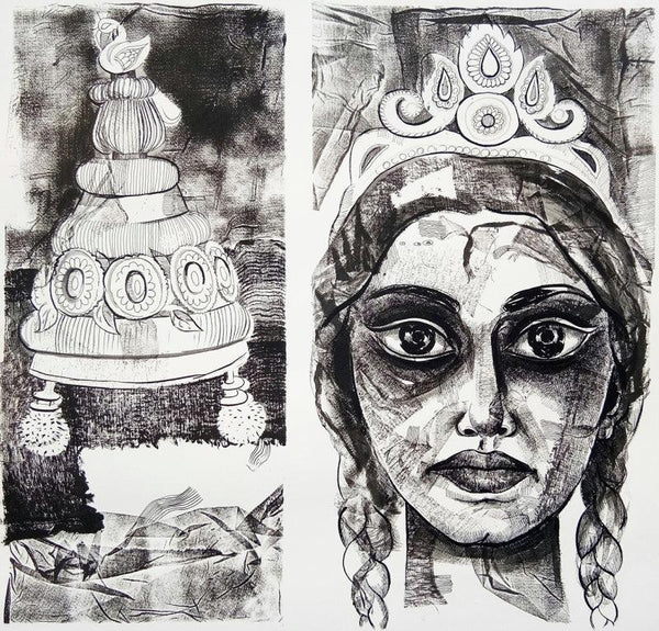 Figurative pen ink drawing titled 'Agony Of Marriage', 26x26 inches, by artist Shyamal Roy Chowdhury on Paper