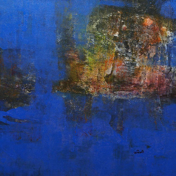 Abstract acrylic painting titled 'Agyaat Blue Three', 21x21 inches, by artist Ashwini Borse on Canvas