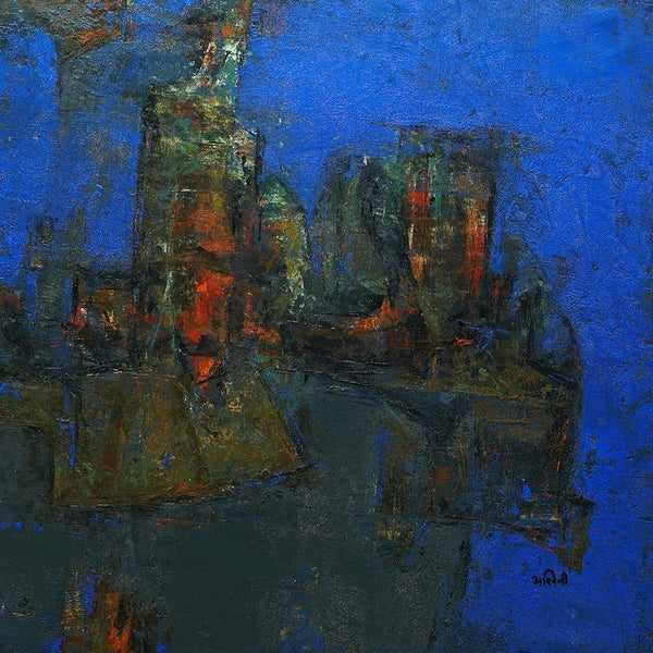 Abstract acrylic painting titled 'Agyaat Blue Two', 21x21 inches, by artist Ashwini Borse on Canvas