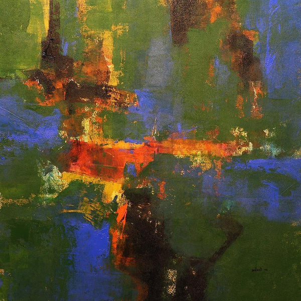 Abstract acrylic painting titled 'Agyaat Green Four', 36x36 inches, by artist Ashwini Borse on Canvas