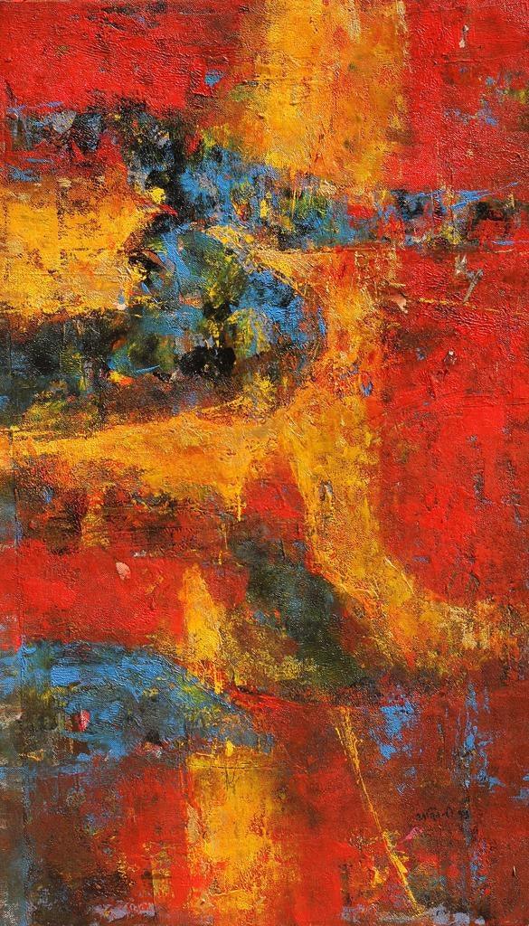 Abstract acrylic painting titled 'Agyaat Red Five', 32x18 inches, by artist Ashwini Borse on Canvas