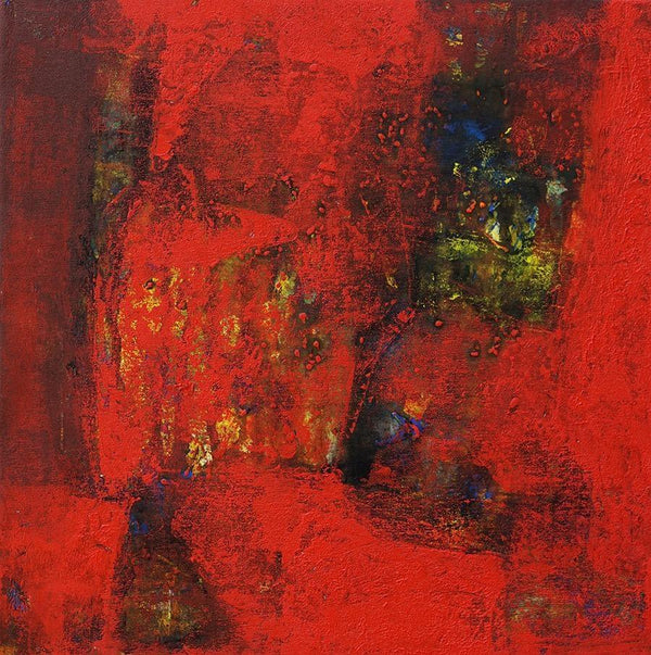 Abstract acrylic painting titled 'Agyaat Red One', 18x18 inches, by artist Ashwini Borse on Canvas