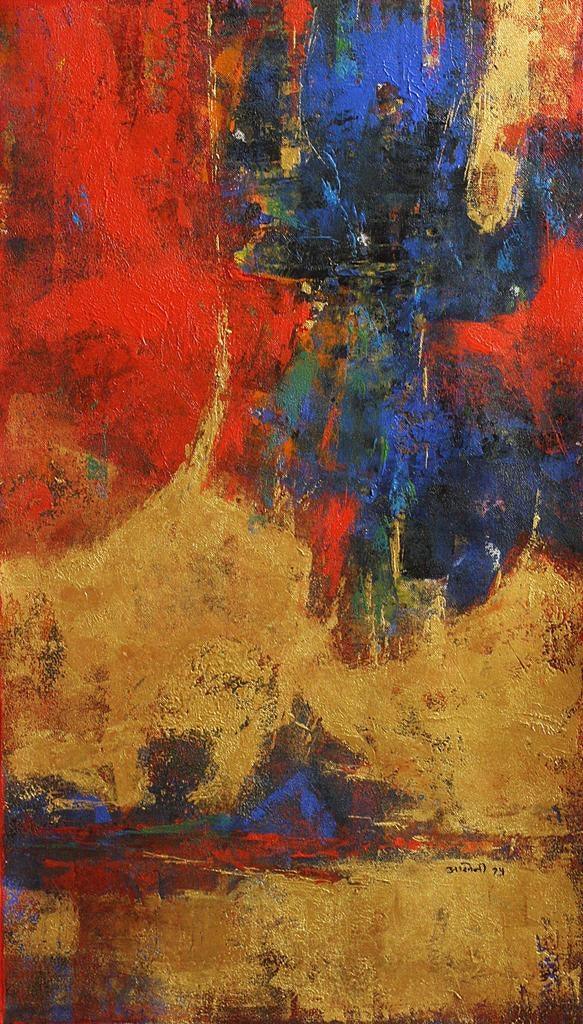 Abstract acrylic painting titled 'Agyaat Red Six', 32x18 inches, by artist Ashwini Borse on Canvas