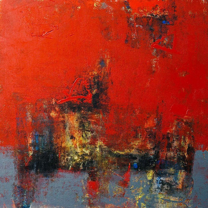 Abstract acrylic painting titled 'Agyaat Red Three', 22x22 inches, by artist Ashwini Borse on Canvas