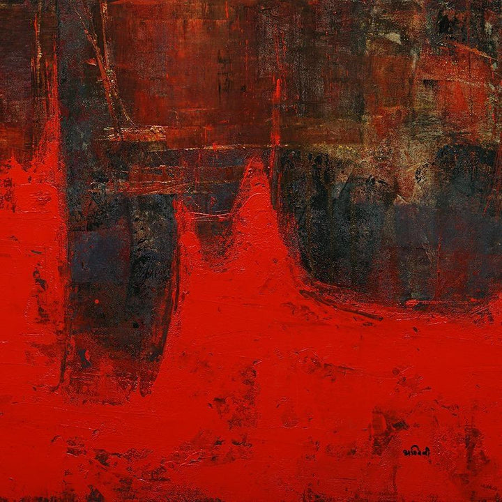 Abstract acrylic painting titled 'Agyaat Red Two', 21x21 inches, by artist Ashwini Borse on Canvas