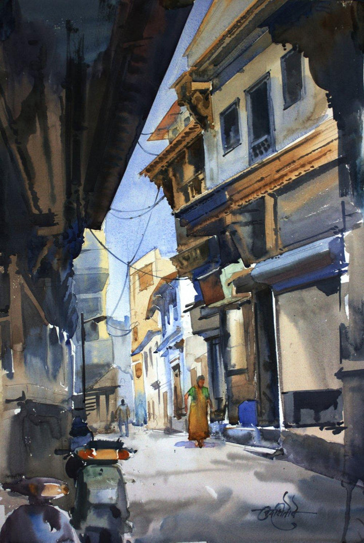 Landscape watercolor painting titled 'Ahemadabad Street 1', 15x22 inches, by artist Vikrant Shitole on Paper