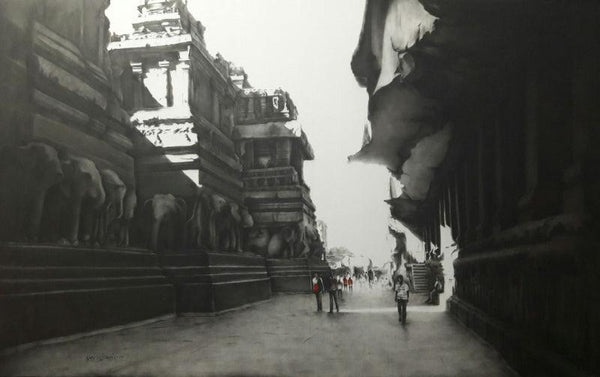 Cityscape charcoal drawing titled 'Ajanta Ellora', 30x48 inches, by artist Yuvraj Patil on Canvas