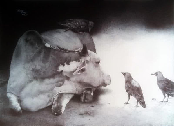 Animals pen drawing titled 'Alerting Cow', 22x30 inches, by artist Nagesh Devkar on Paper