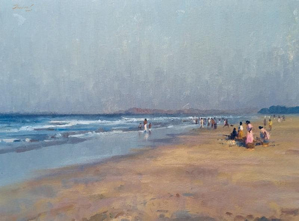 Cityscape oil painting titled 'Alibaug Beach', 14x20 inches, by artist Paresh Thukrul on Canvas