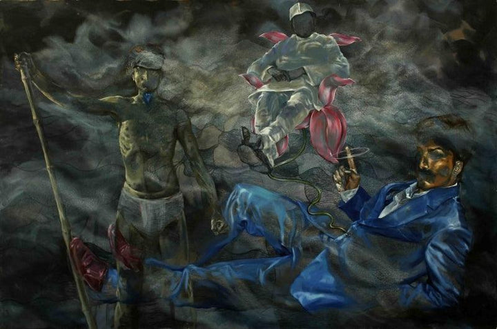 contemporary acrylic painting titled 'Allegory Of Brahma Vishnu Mahesh', 48x72 inches, by artist Rishi Raj on Canvas