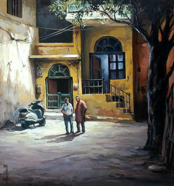 Cityscape acrylic painting titled 'Alleyway', 14x12 inches, by artist Shuvendu Sarkar on Canvas