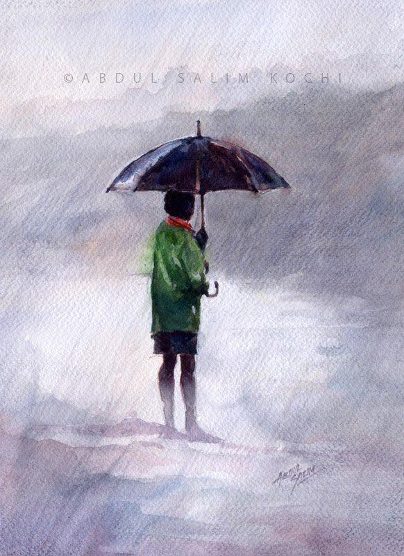 Figurative watercolor painting titled 'Alone At Rain', 12x9 inches, by artist Abdul Salim on Paper