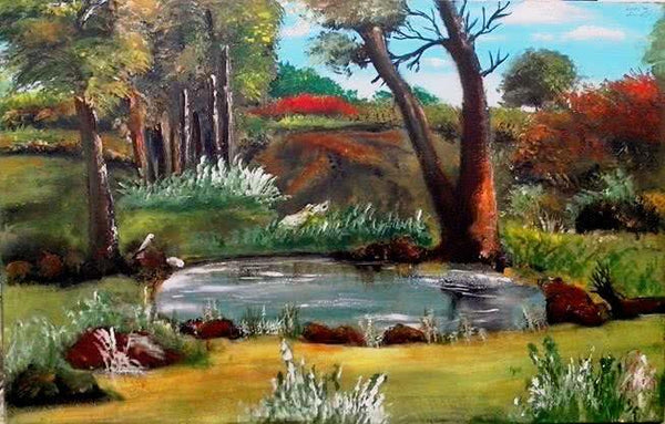 Landscape acrylic painting titled 'Along The Pond', 57x88 inches, by artist Rinki Prayagi on Canvas