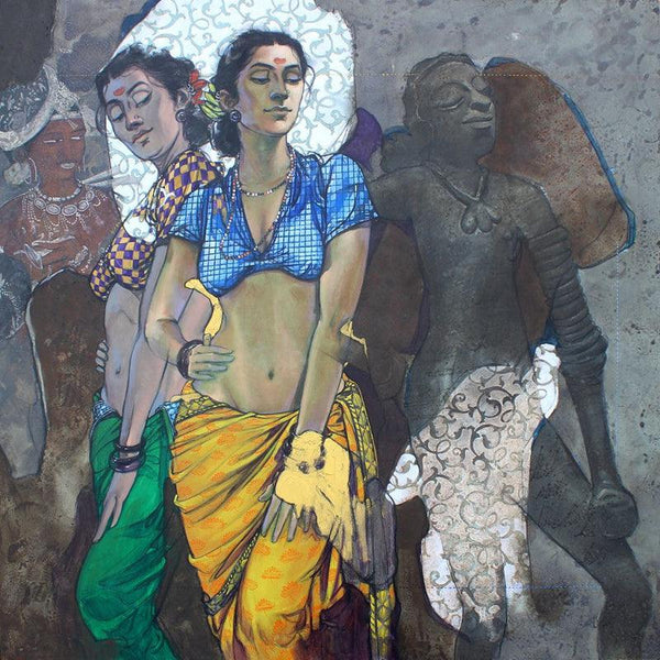 Figurative acrylic charcoal painting titled 'Always Beautiful', 48x48 inches, by artist Ramchandra Kharatmal on Canvas