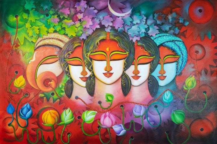 Religious acrylic painting titled 'Amar Durga 3', 45x64 inches, by artist Susmita Mandal on Canvas