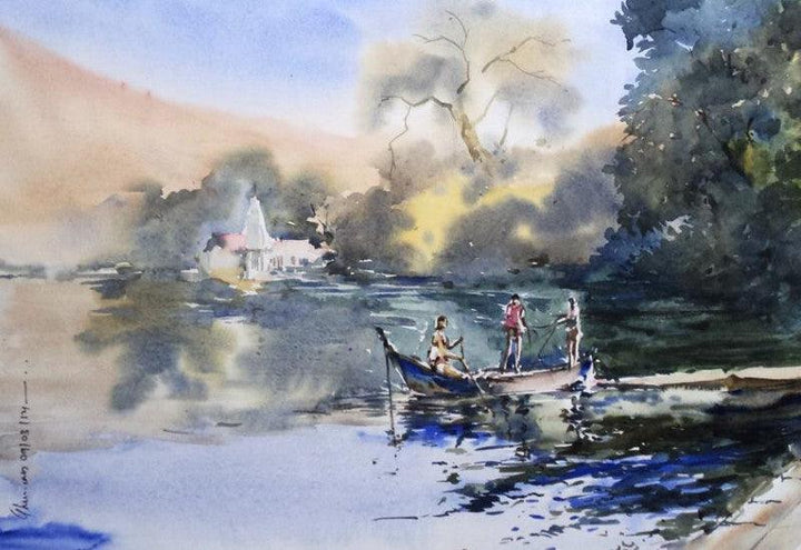 Landscape watercolor painting titled 'Ambala Lake', 12x18 inches, by artist Ghanshyam Dongarwar on paper