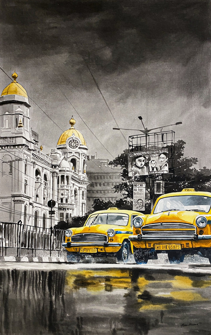 Cityscape acrylic painting titled 'Ambassador', 60x36 inch, by artist Arpan Bhowmik on Canvas