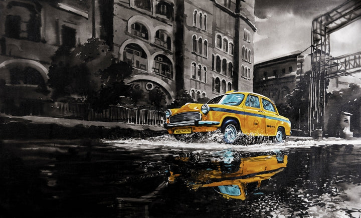 Cityscape acrylic painting titled 'Ambassador Pride Of Calcutta', 30x60 inch, by artist Arpan Bhowmik on Canvas