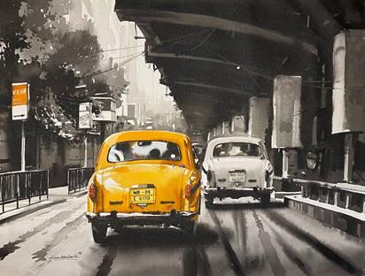 Cityscape acrylic painting titled 'Ambassador (pride) of Calcutta', 30x40 inches, by artist Arpan Bhowmik on Canvas