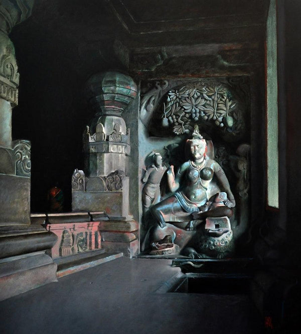 Religious oil painting titled 'Ambika', 38x34 inches, by artist Raju More on Canvas