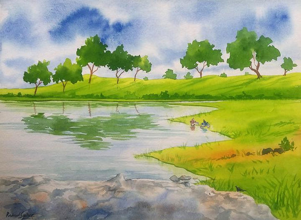 Landscape watercolor painting titled 'Amenity', 15x11 inches, by artist Rahul Salve on Paper