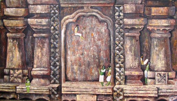 Surrealist oil painting titled 'Amidst History', 42x24 inches, by artist Suruchi Jamkar on Canvas