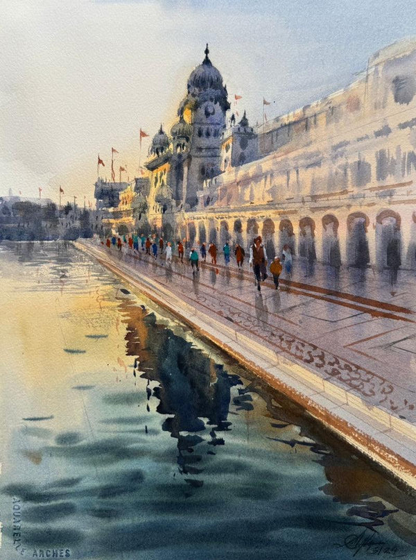Religious watercolor painting titled 'Amritsar', 15x11 inch, by artist Achintya Hazra on Paper