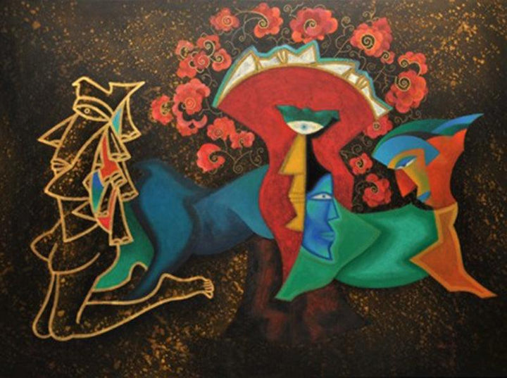 contemporary acrylic painting titled 'Amritvela', 46x62 inches, by artist Vandana Rakesh on Canvas