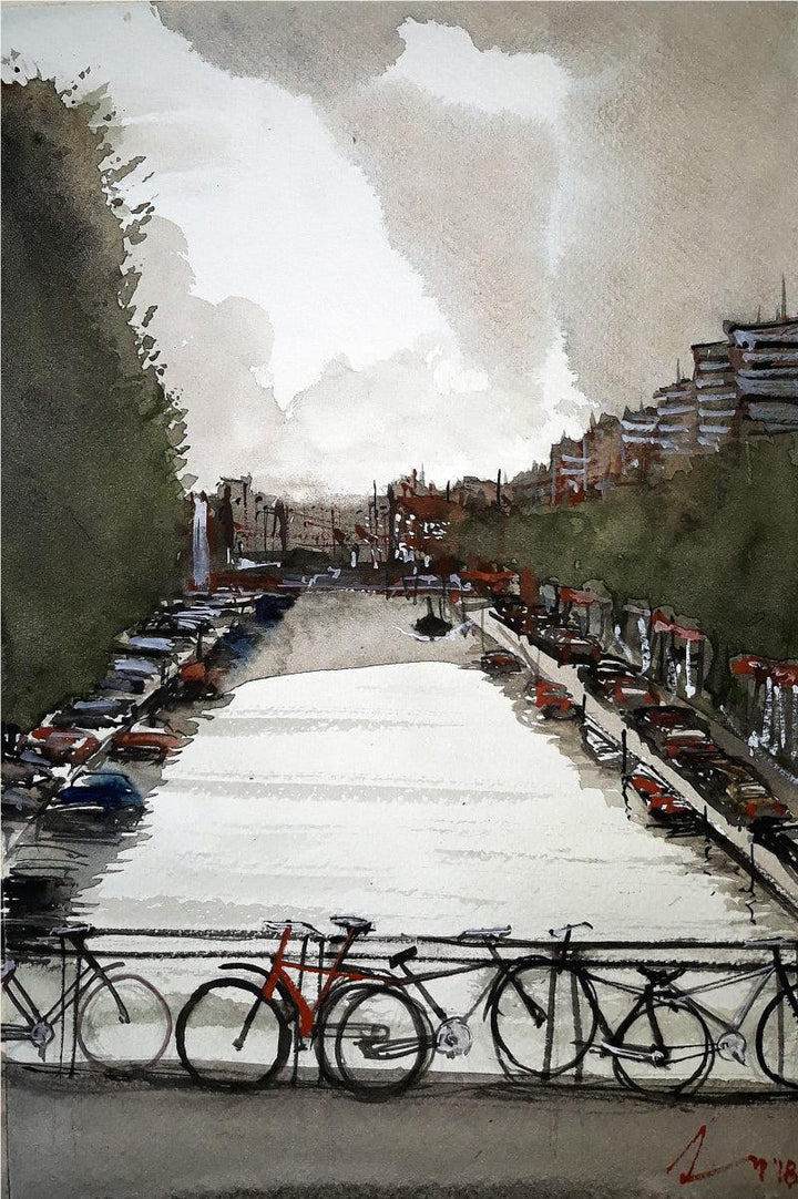 Cityscape watercolor painting titled 'Amsterdam', 11x8 inches, by artist Arunava Ray on Paper