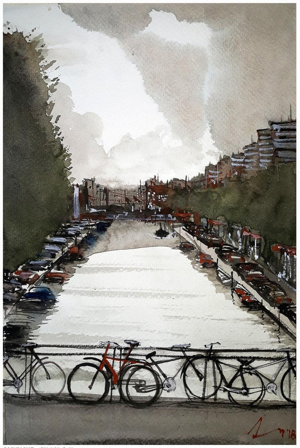 Cityscape watercolor painting titled 'Amsterdam The Netherlands', 11x7 inches, by artist Arunava Ray on Paper