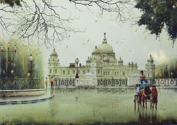 Cityscape watercolor painting titled 'An Afternoon In Kolkata 2', 29x41 inches, by artist Arup Lodh on Paper