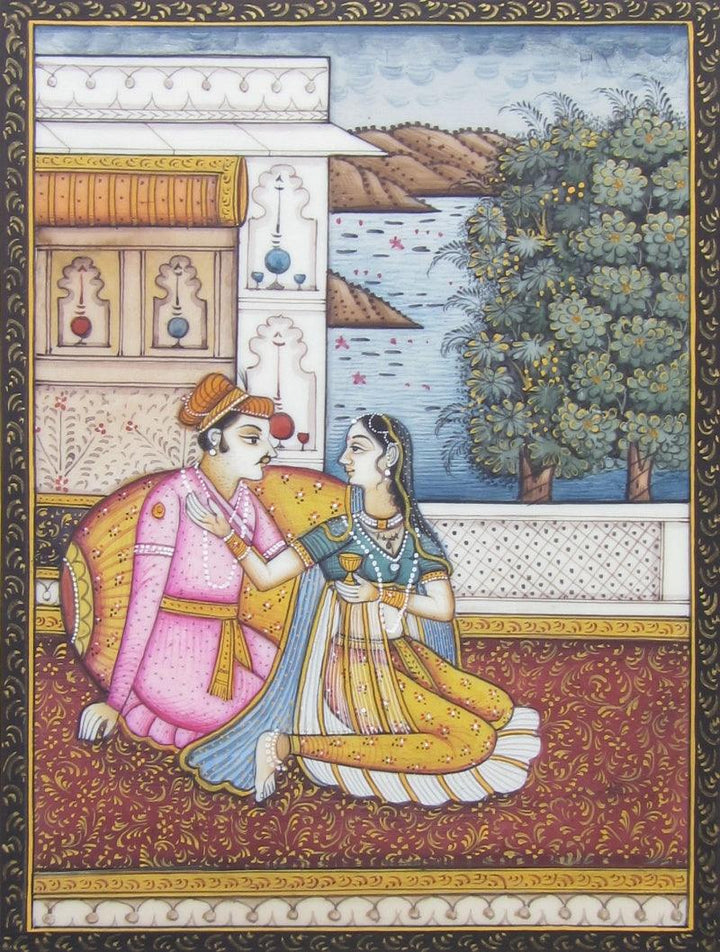 Figurative mughal traditional art titled 'An Amorous Evening', 4x3 inches, by artist Unknown on Plastic Sheet