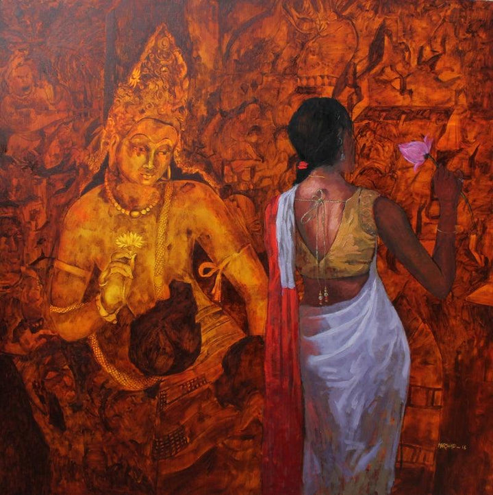 Religious oil painting titled 'An Attempt', 48x48 inches, by artist Harshad Khandre on Linen