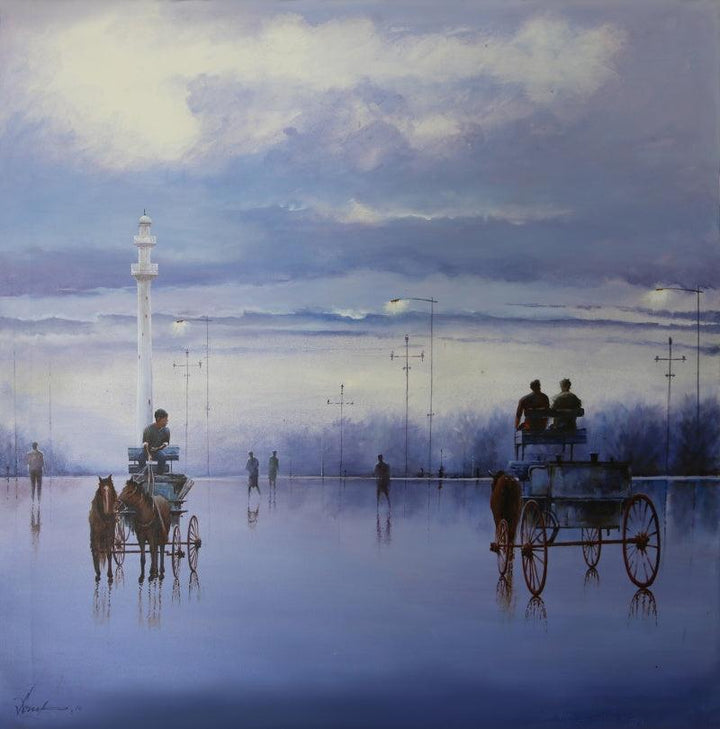 Cityscape acrylic painting titled 'An Early Morning In Kolkata', 36x36 inches, by artist Arup Lodh on Canvas