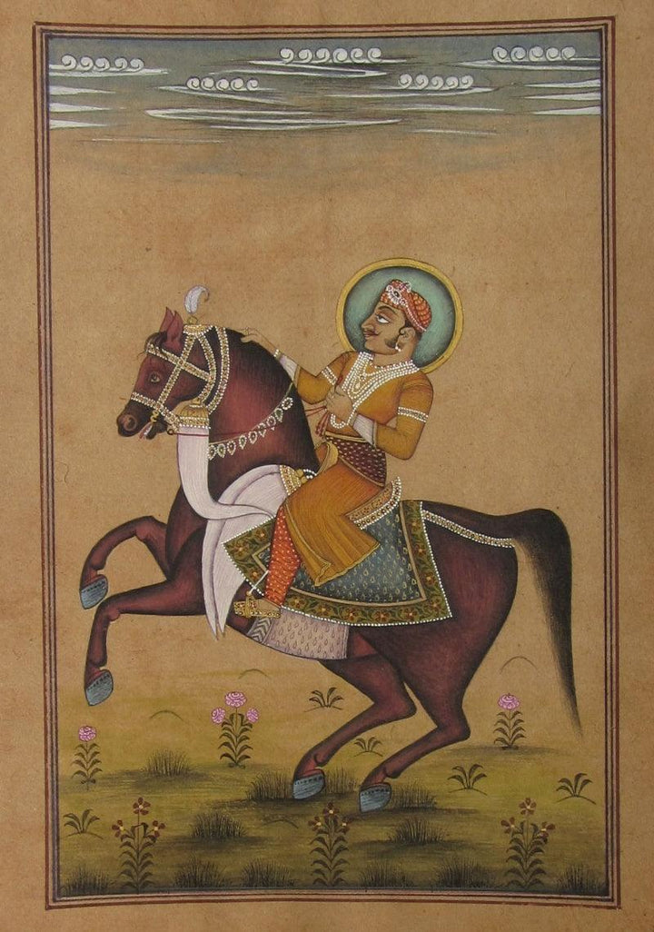 Figurative mughal traditional art titled 'An Equestrian Portrait Of Emperor', 9x6 inches, by artist Unknown on Paper