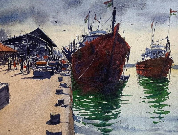 Seascape watercolor painting titled 'An Fish Market Bunder in Mangalore', 11x15 inches, by artist KS Farvez on Paper