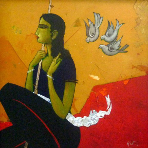 Figurative acrylic painting titled 'An Indian Girl', 36x36 inches, by artist Sanjay Tikkal on Canvas