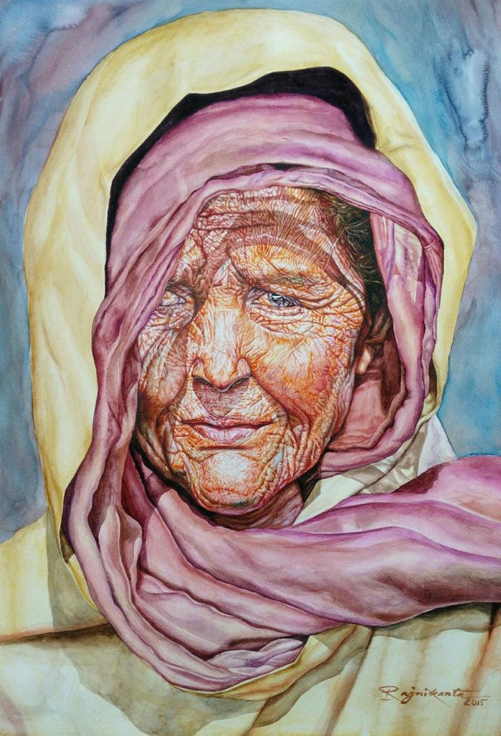 Portrait watercolor painting titled 'An Old Lady', 30x22 inches, by artist Rajnikanta Singh on Paper