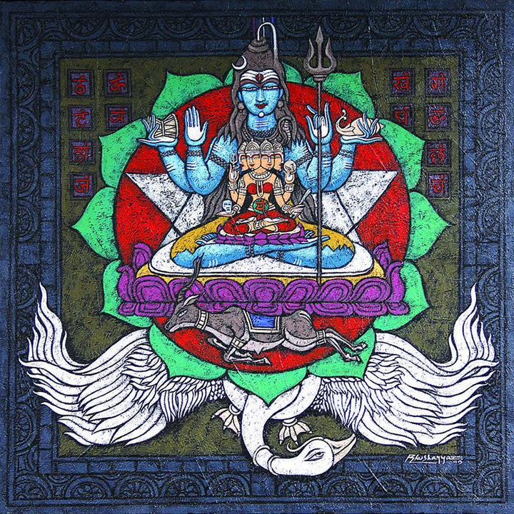 Religious mixed media titled 'Anahata Chakra Copy', 36x36 inches, by artist Kunuu Bhushayya on Canvas