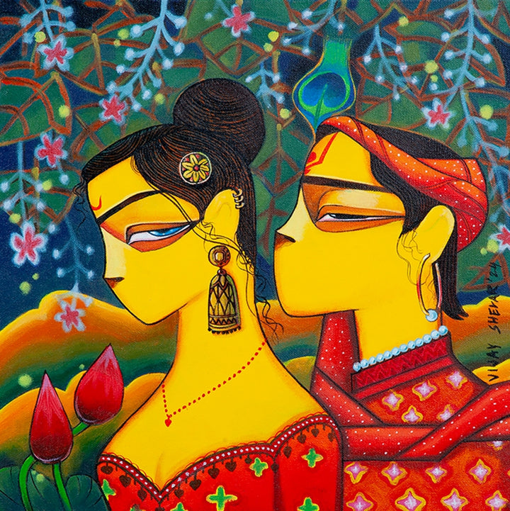 Figurative acrylic painting titled 'Anant Radhika', 16x16 inch, by artist Vijay Shelar on Canvas