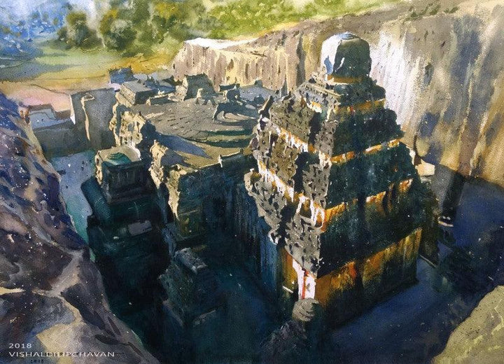 Place watercolor painting titled 'Ancient Beauty Kailash Temple', 22x30 inches, by artist Vishal Chavan on Paper