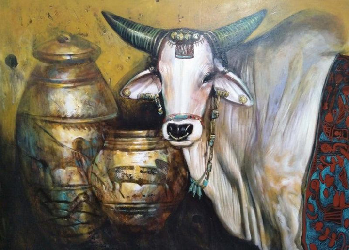 Animals acrylic painting titled 'Ancient Bull', 36x48 inches, by artist Jiban Biswas on Canvas