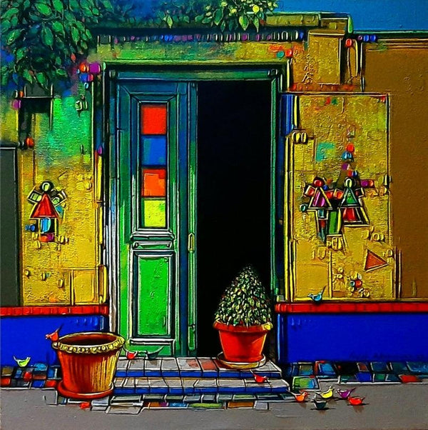 Still-life acrylic painting titled 'Ancient Door', 24x24 inches, by artist Girish Adannavar on Canvas