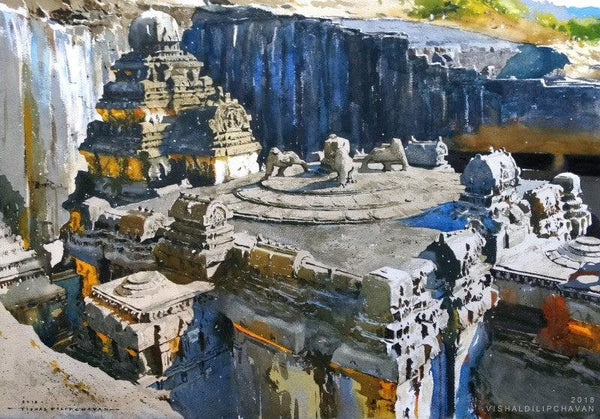 Place watercolor painting titled 'Ancient Mystery Kailash Temple', 22x30 inches, by artist Vishal Chavan on Paper