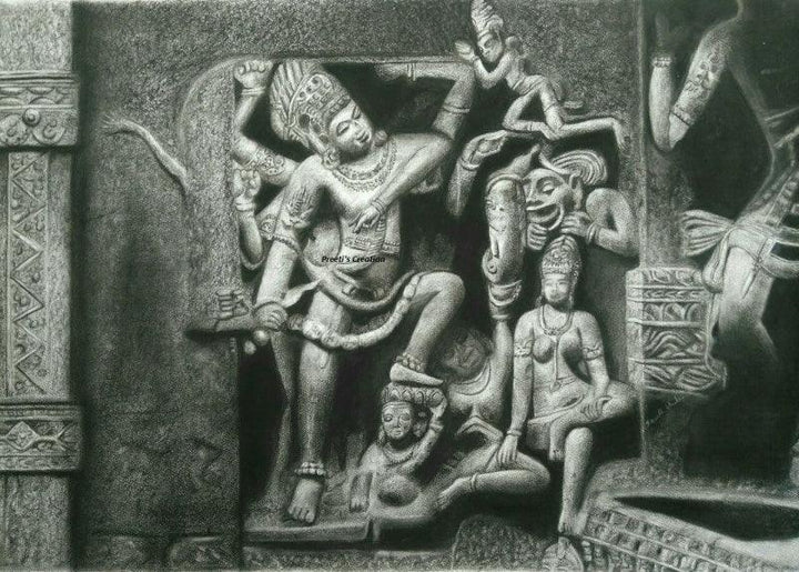 Religious charcoal painting titled 'Ancient Relic 1', 35x27 inches, by artist Preeti Ghule on Paper