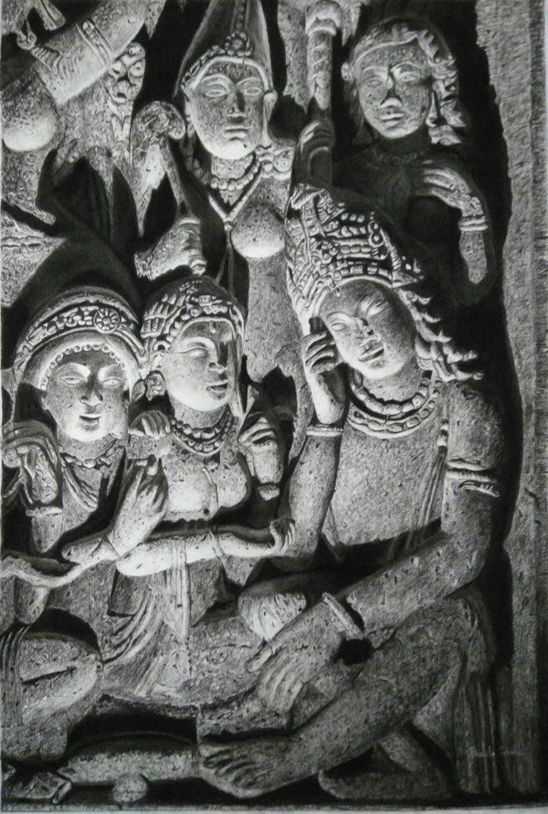 Realistic charcoal painting titled 'Ancient Relic 2', 28x19 inches, by artist Preeti Ghule on Paper