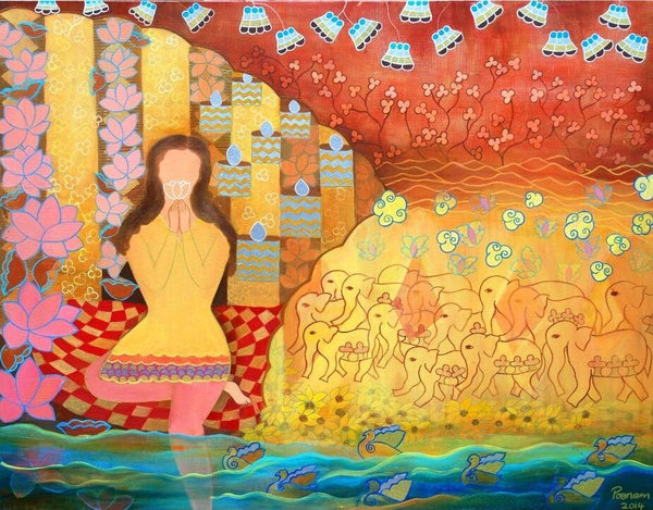 Figurative mixed media painting titled 'And The Beings Unite', 34x44 inches, by artist Poonam Agarwal on Canvas