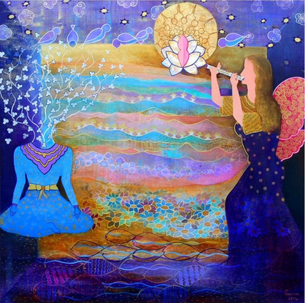 Figurative mixed media painting titled 'And The Earth Aspires II', 42x42 inches, by artist Poonam Agarwal on Canvas